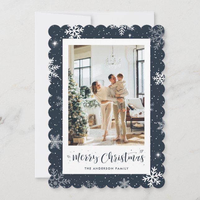 Blue Snowflake Photo Merry Christmas Holiday Card (Front)