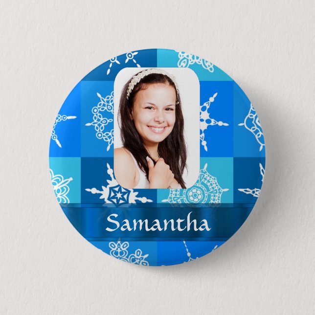 Blue snowflake photo template 2 inch round button (Front)