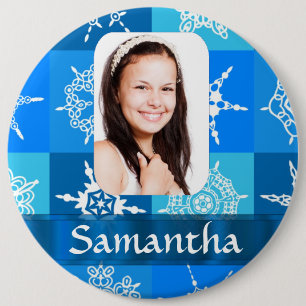 Blue snowflake photo template 6 inch round button