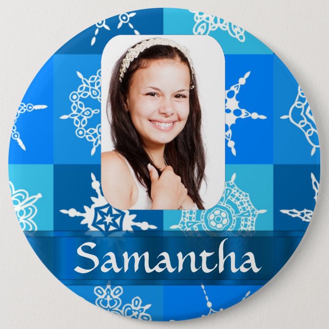 Blue snowflake photo template 6 inch round button (Front)