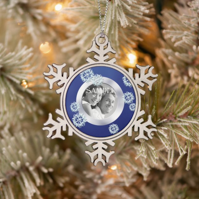 Blue Snowflake Photo Template Christmas Snowflake Pewter Christmas Ornament (Tree)