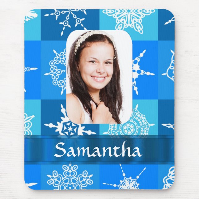 Blue snowflake photo template mouse pad (Front)