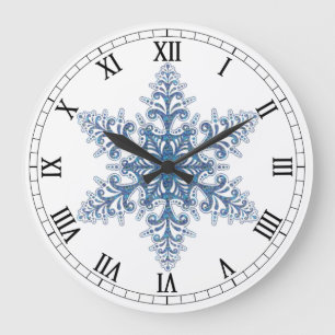 Blue Snowflake Round Roman Numerals Clock