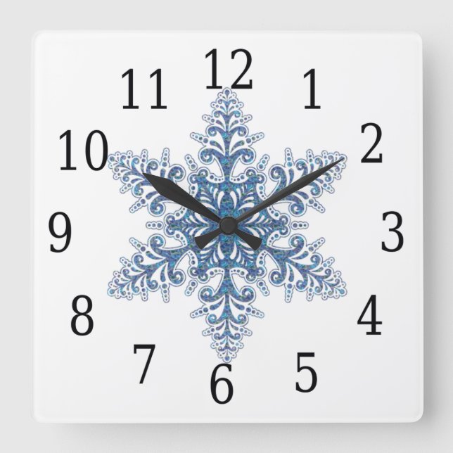 Blue Snowflake Square Clock (Front)
