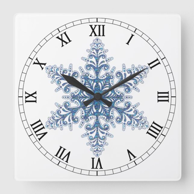 Blue Snowflake Square Roman Numerals Clock (Front)
