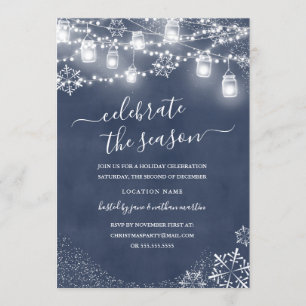 Blue Snowflake String Lights Red Christmas Invitation