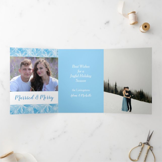 Blue Snowflake Two Photo Newlywed Holiday Trifold (Inside)