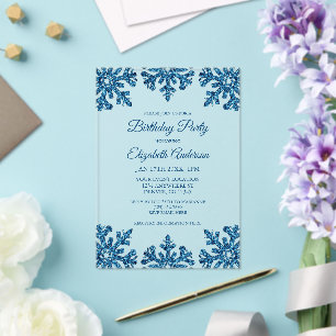 Blue Snowflake Winter Birthday Party Acrylic Invitations