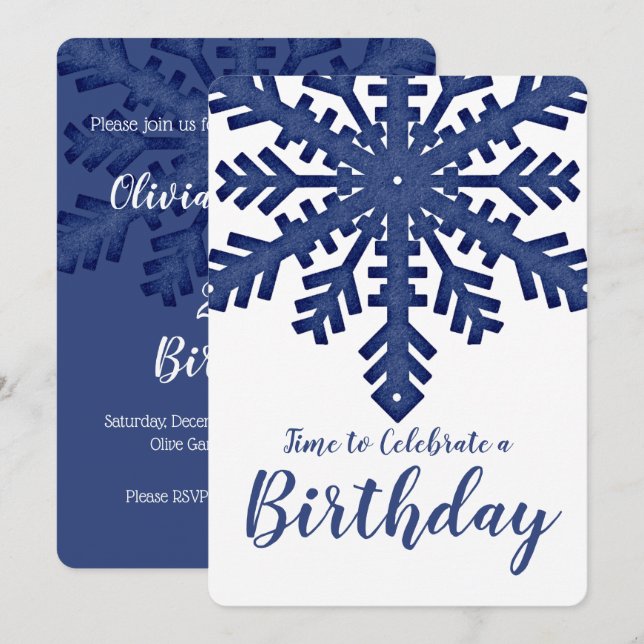 Blue Snowflake Winter Birthday Party Invitation (Front/Back)