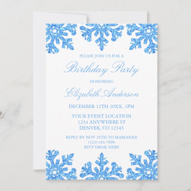 Blue Snowflake Winter Birthday Party Invitation (Front)