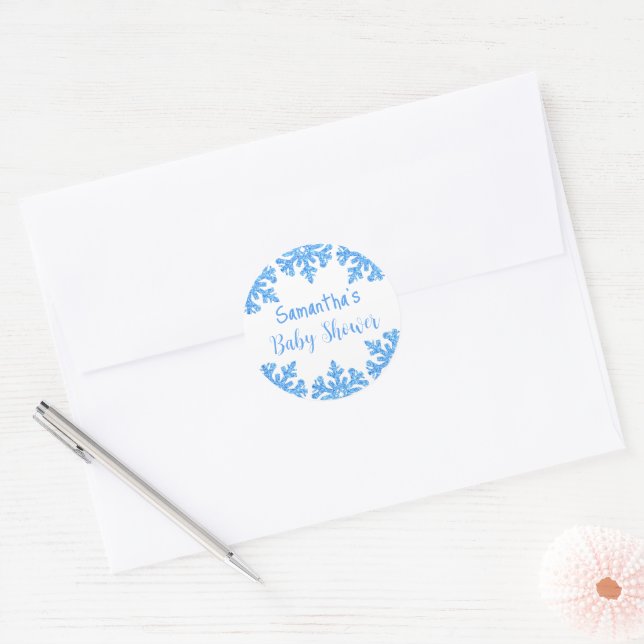 Blue Snowflake Winter Boy Baby Shower Classic Round Sticker (Envelope)