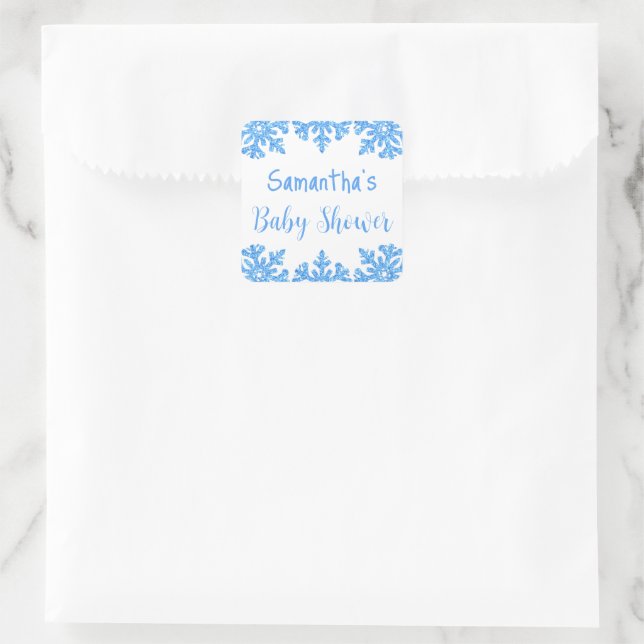 Blue Snowflake Winter Boy Baby Shower Square Sticker (Bag)