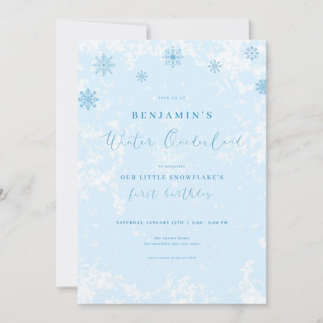Blue Snowflake Winter Onederland Birthday Invite (Front)
