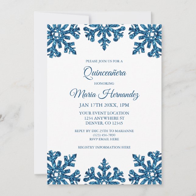 Blue Snowflake Winter Quinceañera Invitation (Front)