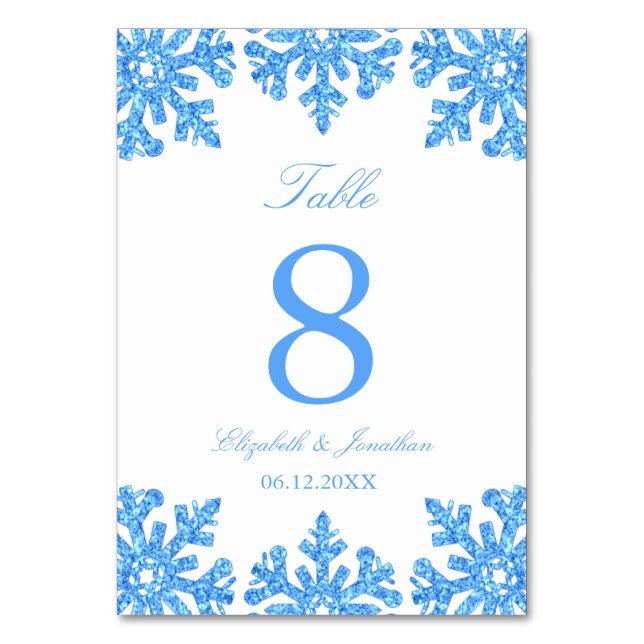 Blue Snowflake Winter Wedding Table Number (Front)