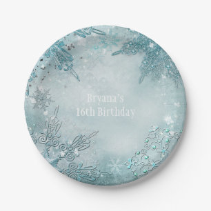 Blue Snowflake Winter Wonderland Elegant Party Paper Plate
