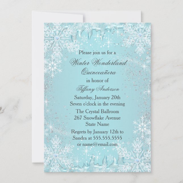 Blue Snowflake Winter Wonderland Quinceanera Invitation (Front)