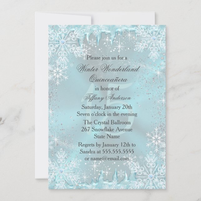Blue Snowflake Winter Wonderland Quinceanera Invitation (Front)