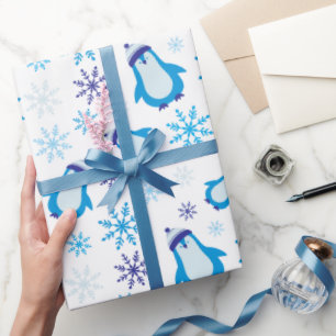 Blue Snowflakes and Cute Penguins White Seamless Wrapping Paper