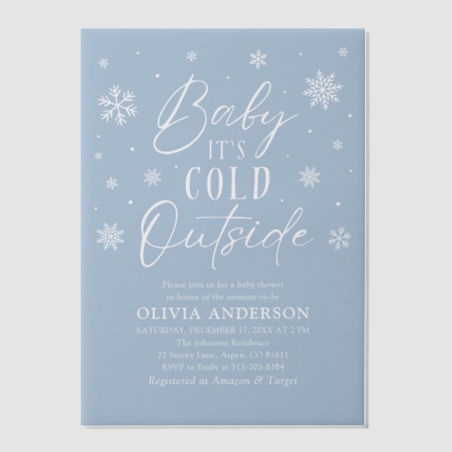 Blue Snowflakes Baby It's Cold Outside Baby Shower Vellum Invitations (Front)