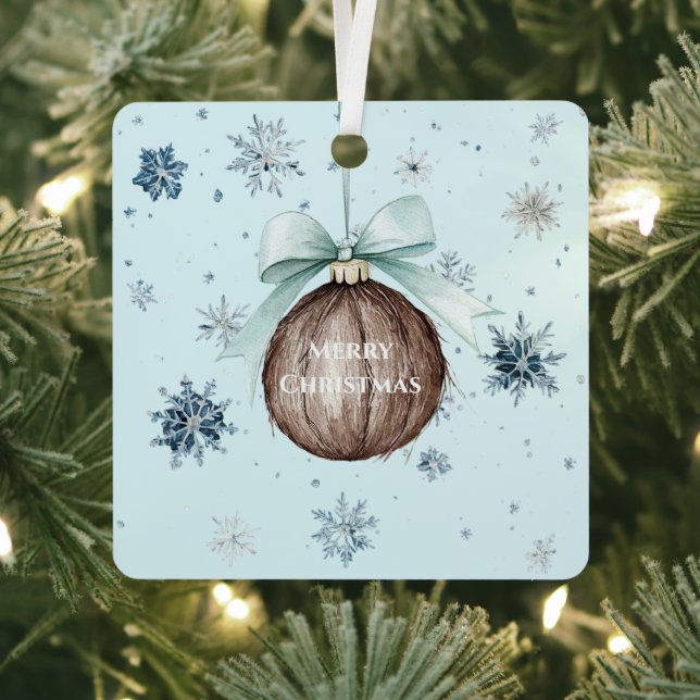 Blue Snowflakes Christmas Coconut Bow Metal Ornament (Insitu)