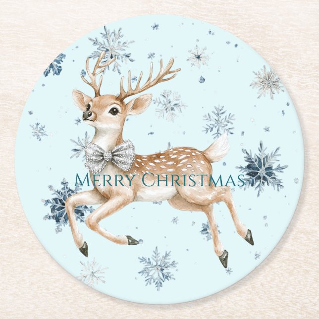 Blue Snowflakes Christmas Deer with Bow Round Paper Coaster (Front)