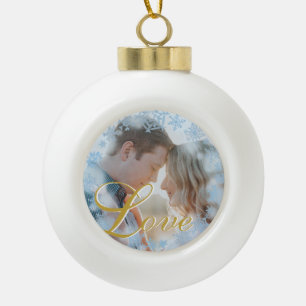 Blue Snowflakes Christmas Love Personalized Photo  Ceramic Ball Christmas Ornament