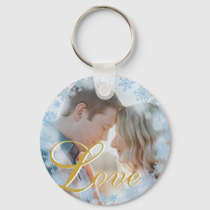 Blue Snowflakes Christmas Love Personalized Photo Keychain