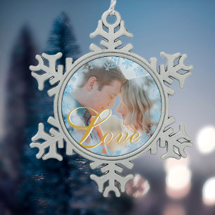 Blue Snowflakes Christmas Love Personalized Photo Snowflake Pewter Christmas Ornament