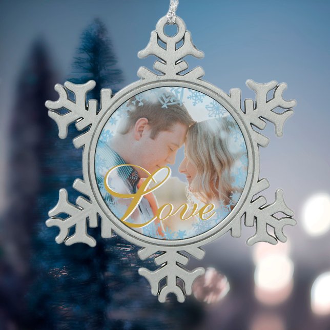Blue Snowflakes Christmas Love Personalized Photo Snowflake Pewter Christmas Ornament (Creator Uploaded)