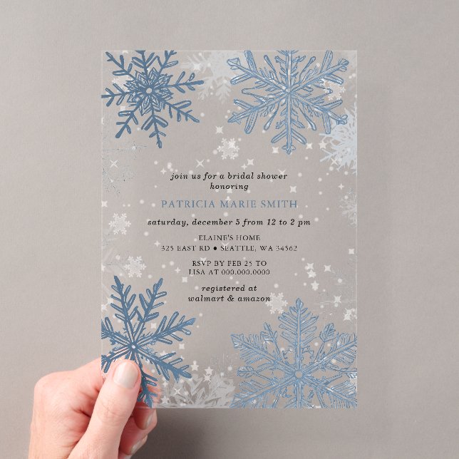 Blue Snowflakes Christmas Winter Bridal Shower Acrylic Invitations (Insitu (Handheld))