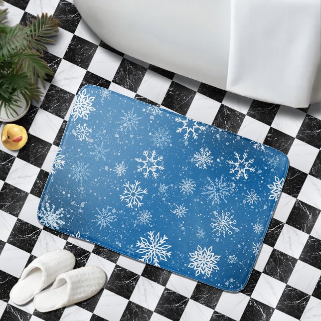 Blue Snowflakes Classic Winter White Snow Bath Mat (Creator Uploaded)