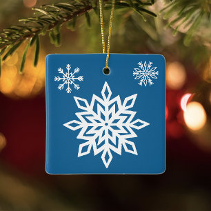 Blue Snowflakes Classic Winter White Snow Ceramic Ornament