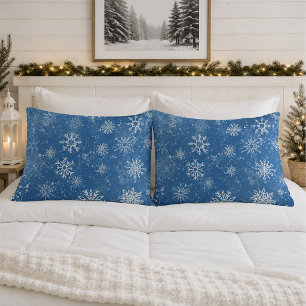 Blue Snowflakes Classic Winter White Snow Pillowcase