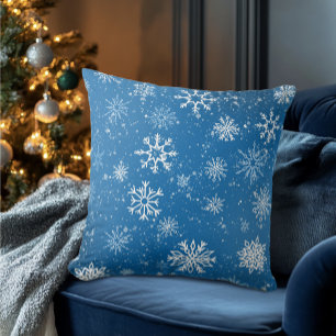 Blue Snowflakes Classic Winter White Snow Throw Pillow