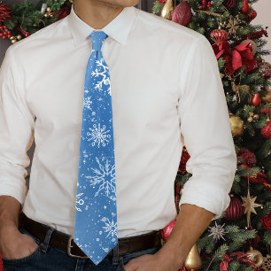 Blue Snowflakes Classic Winter White Snow Tie