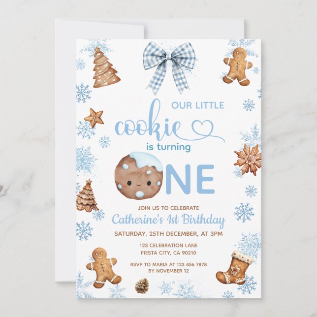 Blue Snowflakes Cookies is turning one Invitation (Front)