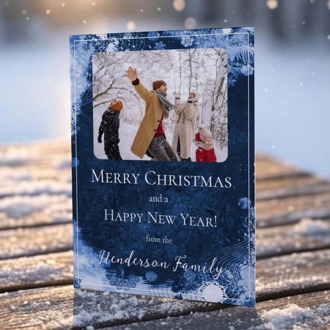 Blue Snowflakes Flat Holiday Photo Card (Blue Snowflakes Flat Holiday Photo Card)