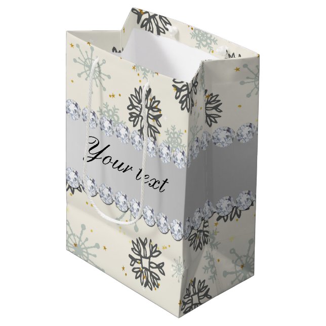 Blue Snowflakes Gold Stars Silver Diamonds Medium Gift Bag (Front Angled)