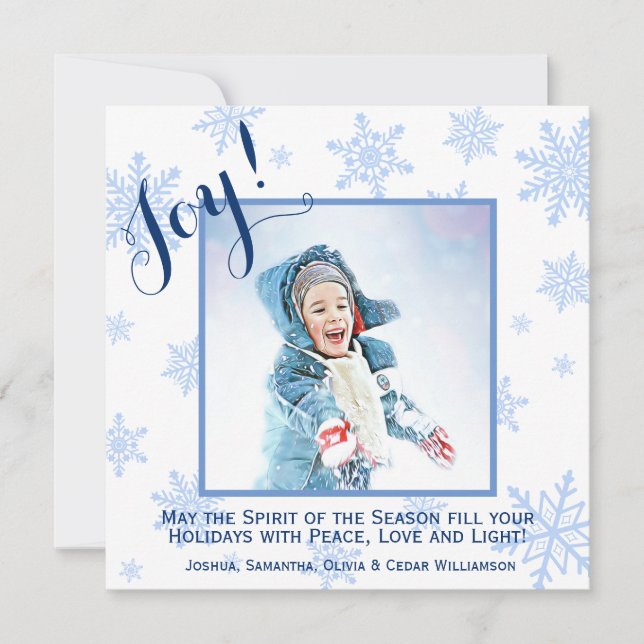 Blue Snowflakes Holiday Joy Square Photo Card (Front)