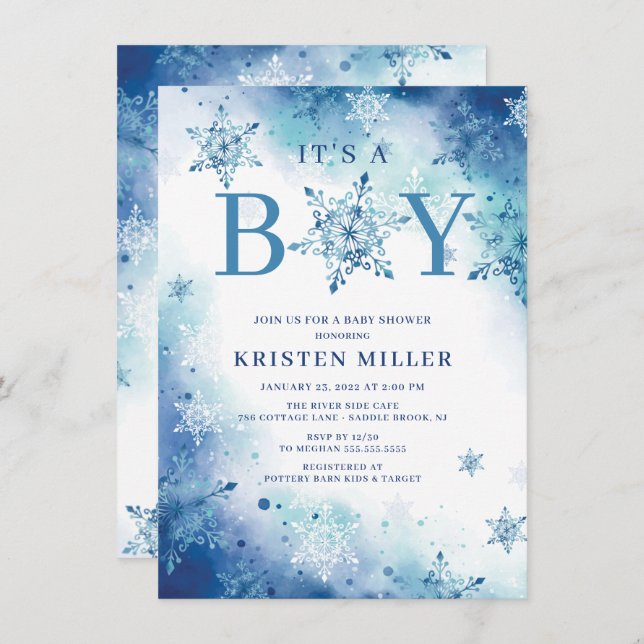 Blue Snowflakes It's Boy Winter Baby Shower  Invitation (Front/Back)