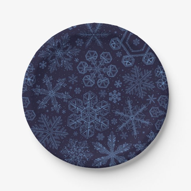 Blue Snowflakes on blue Paper Plate (Front)