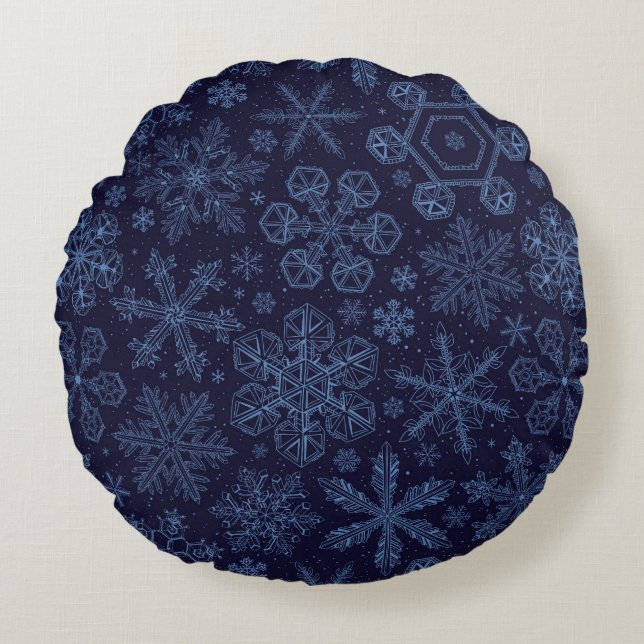 Blue Snowflakes on blue Round Pillow (Front)