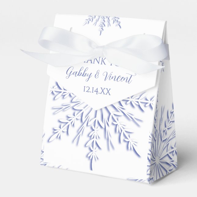 Blue Snowflakes on White Winter Wedding Favor Box (Front Side)