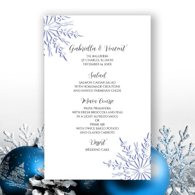 Blue Snowflakes on White Winter Wedding Menu (Creator Uploaded)
