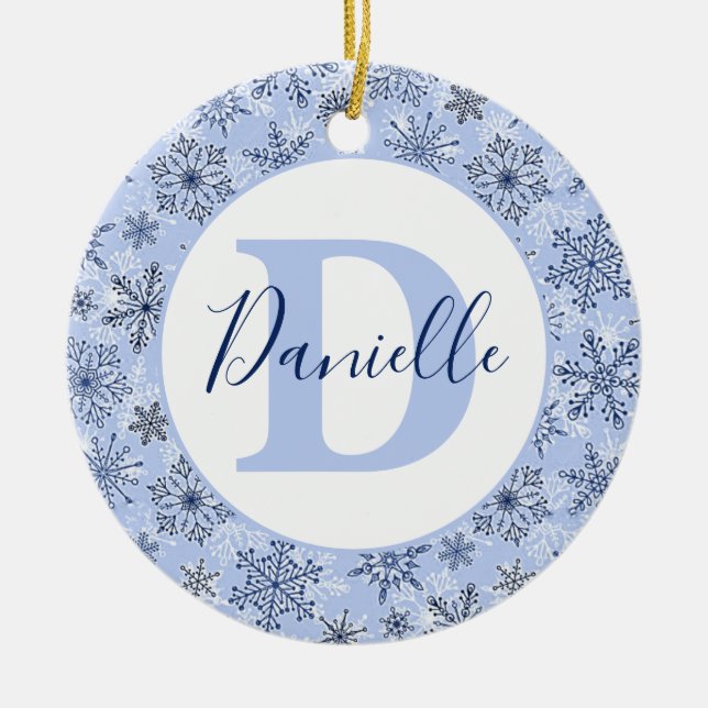 Blue snowflakes personalized ceramic ornament (Front)