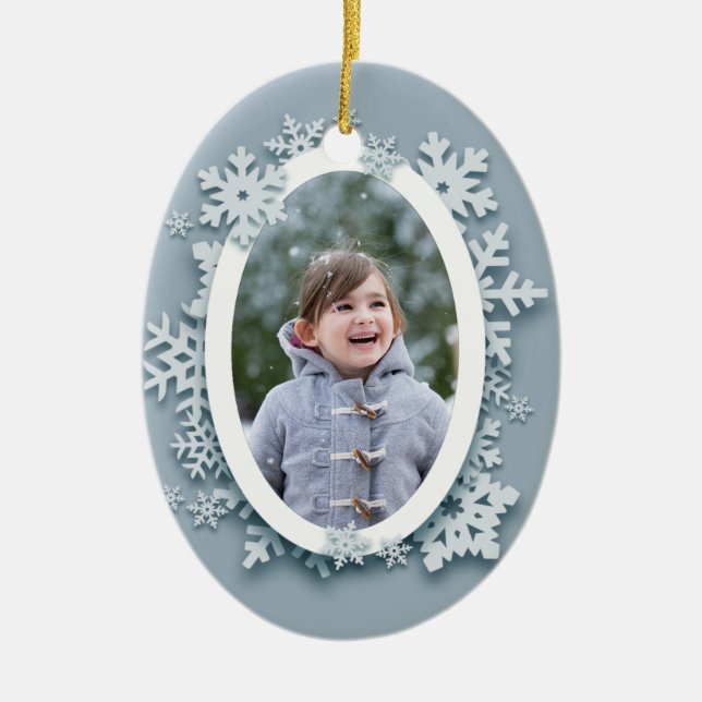 Blue Snowflakes Photo Ceramic Ornament (Front)