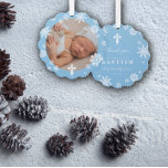 Blue Snowflakes Photo Winter Baptism Thank You Ornament Card<br><div class="desc">Beautiful winter baptism thank you ornaments in blue with snowflakes,  a white cross,  and a photo of your baby.</div>