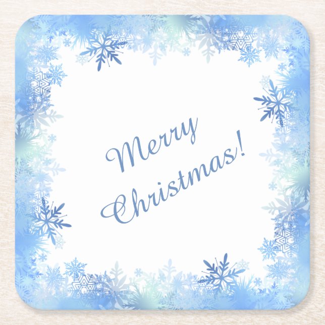 Blue snowflakes square paper coaster (Front)