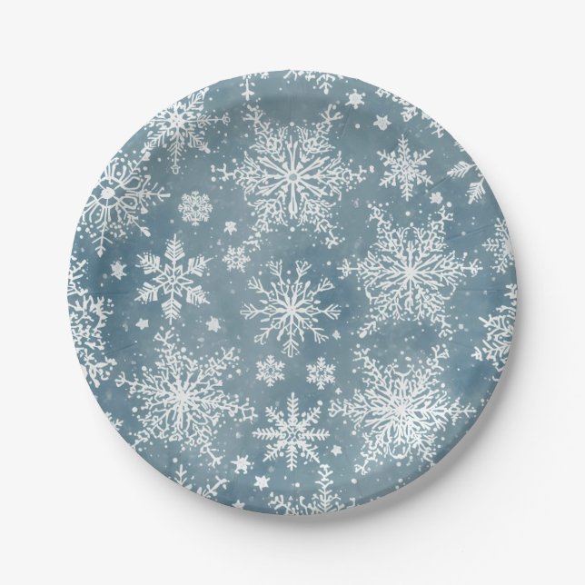 Blue Snowflakes Watercolor Winter Holiday Paper Plate (Front)